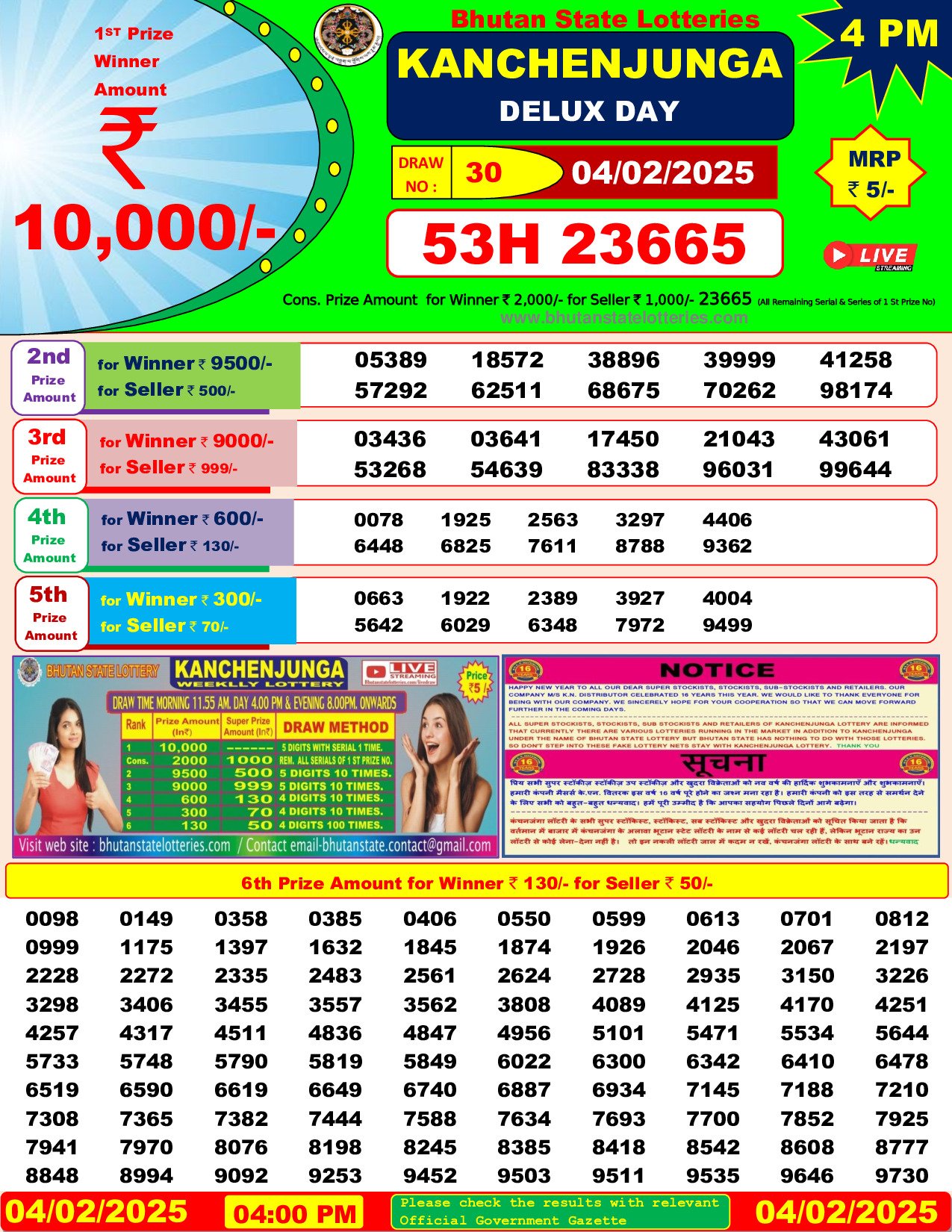 Bhutan Lottery Result Today: 2025-02-04-04:00 PM