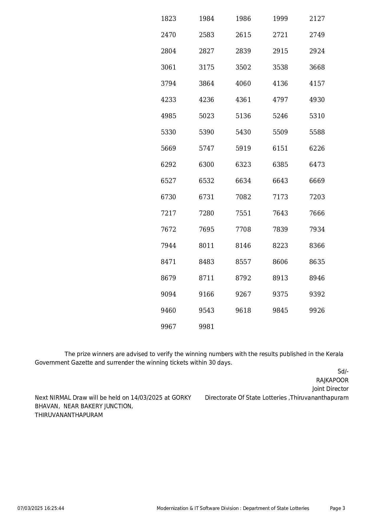 Kerala State Lottery Result: NIRMAL Page- 3