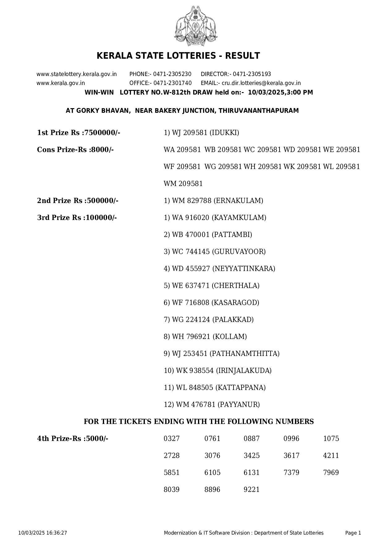 Kerala State Lottery Result: WIN-WIN Page- 1