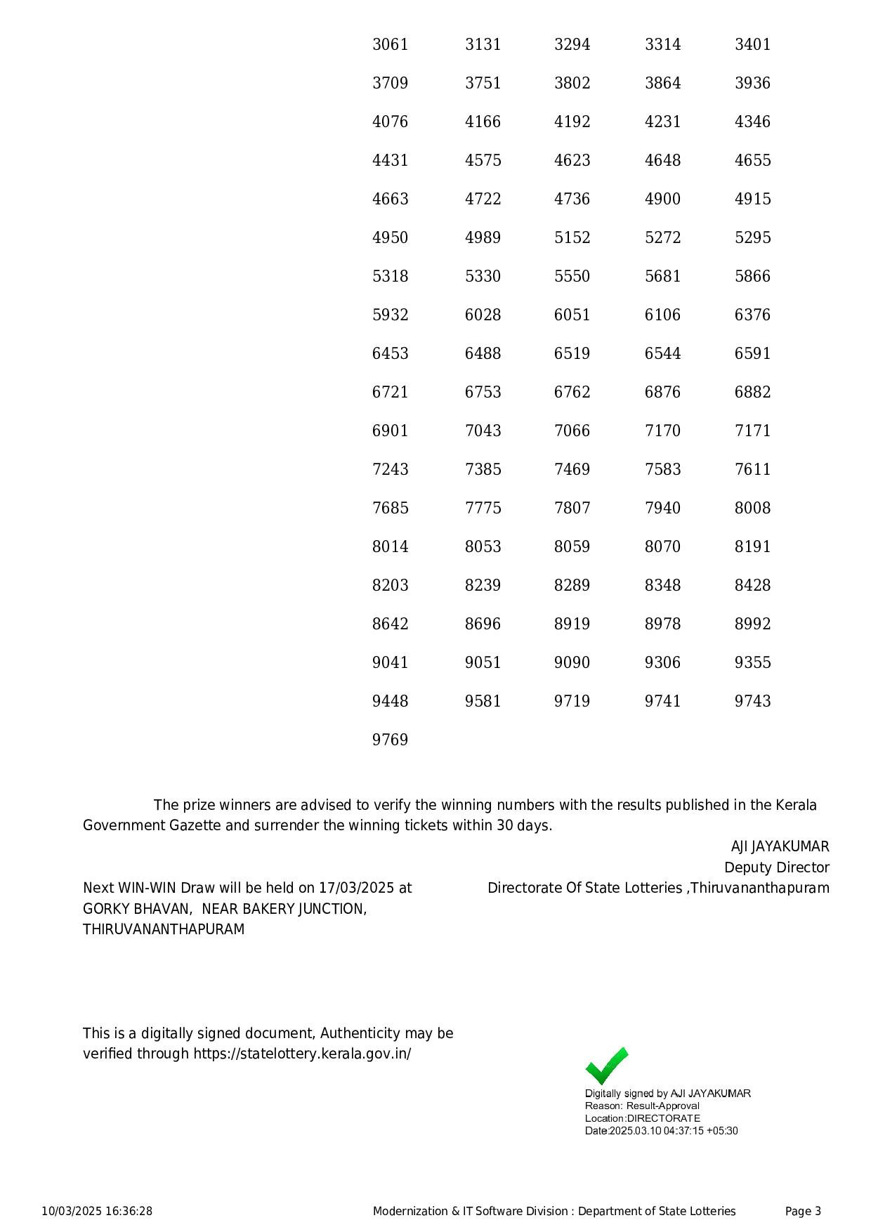 Kerala State Lottery Result: WIN-WIN Page- 3