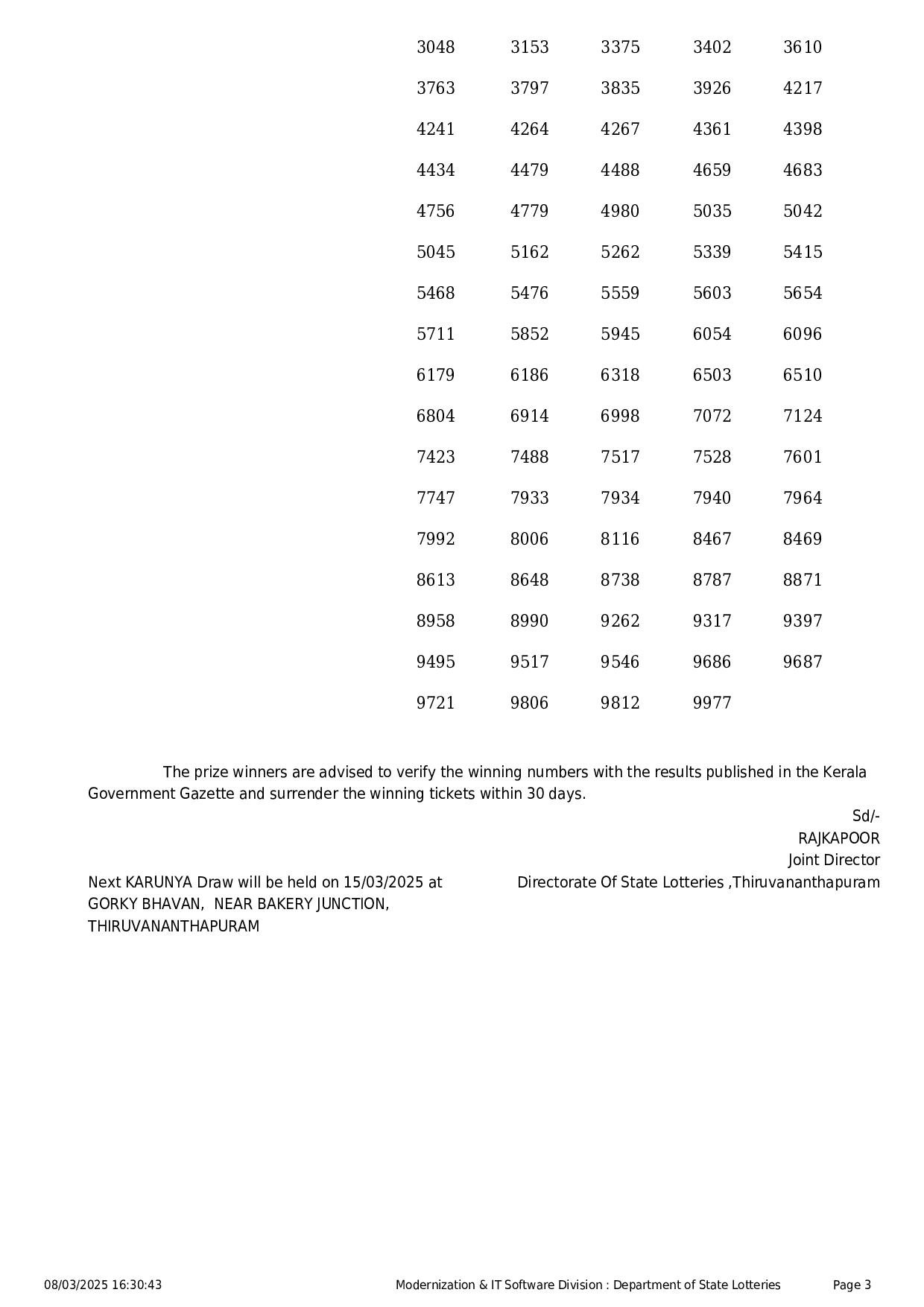 Kerala State Lottery Result: KARUNYA Page- 3