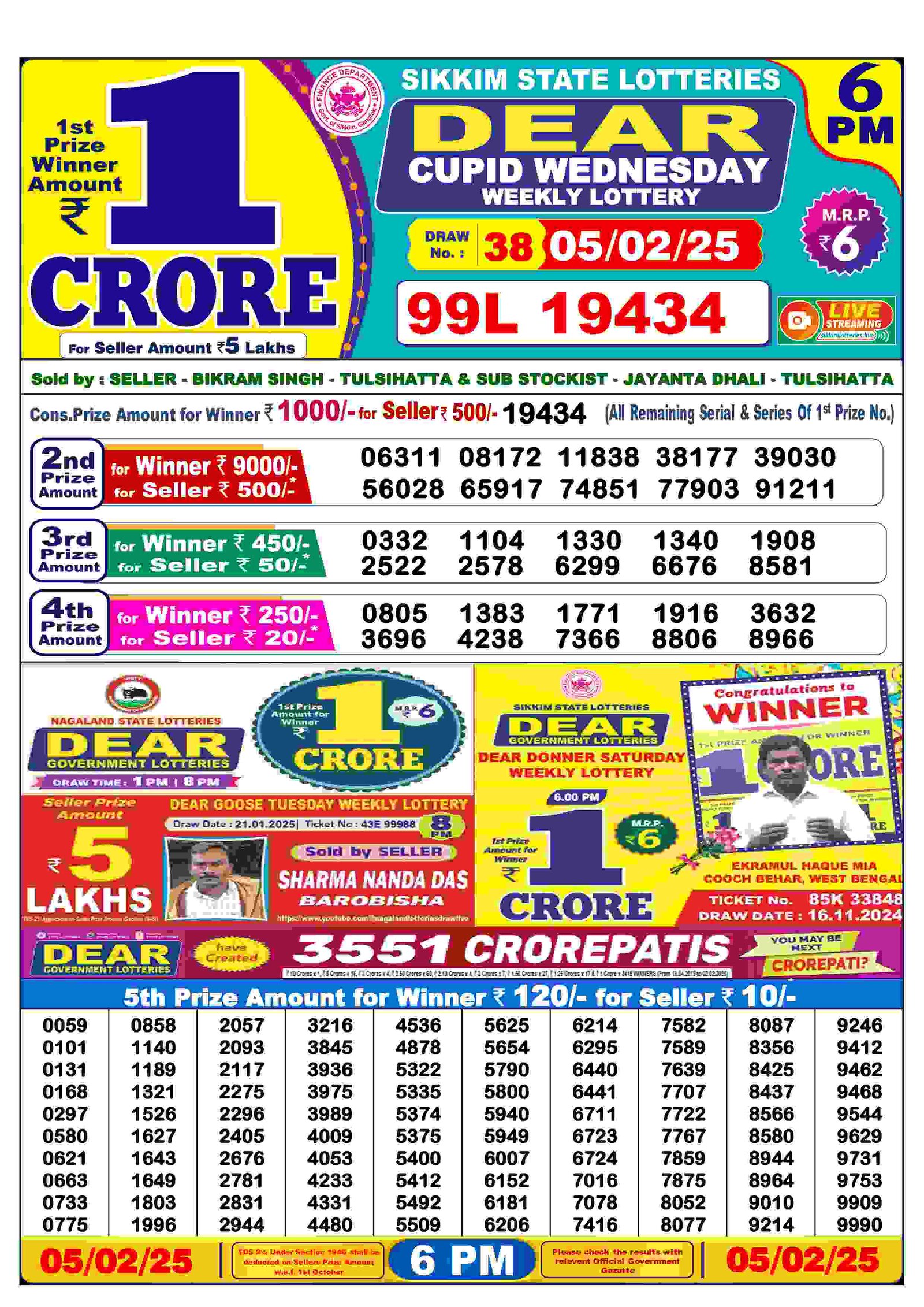 Lottery Sambad Result Today: 2025-02-05-06:00 PM